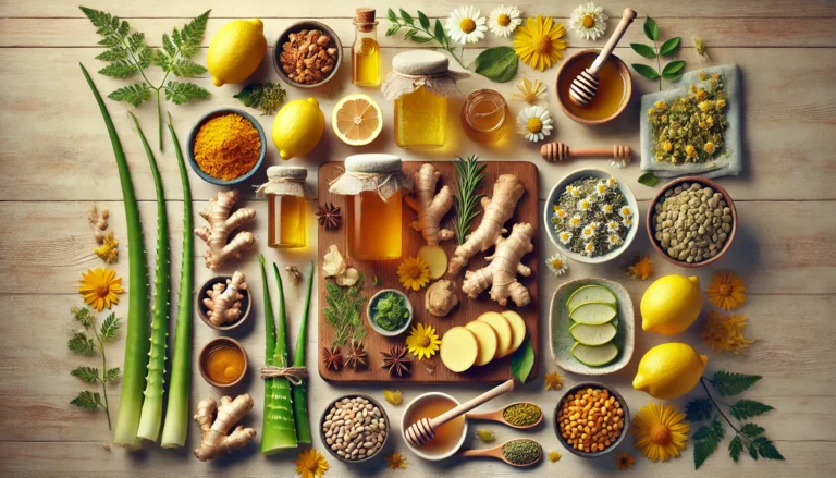 An organized flat lay of natural home remedy ingredients including ginger, turmeric, lemon, honey, aloe vera leaves, chamomile flowers, and fennel seeds, arranged on a wooden tabletop with warm natural lighting, symbolizing organic wellness.