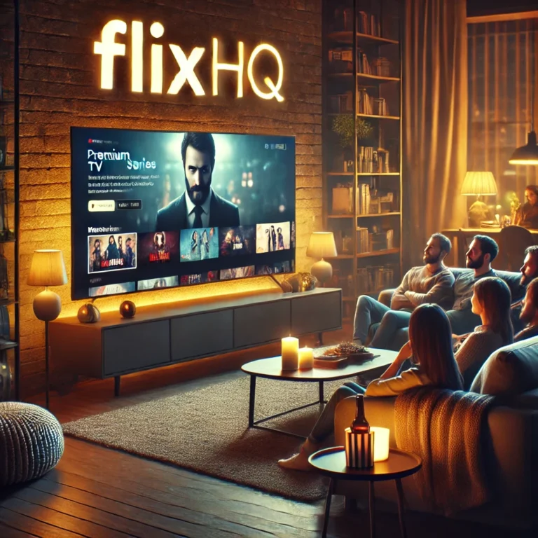 A cozy room with neon lights, a large smart TV displaying FlixHQ, and a person watching movies in HD.