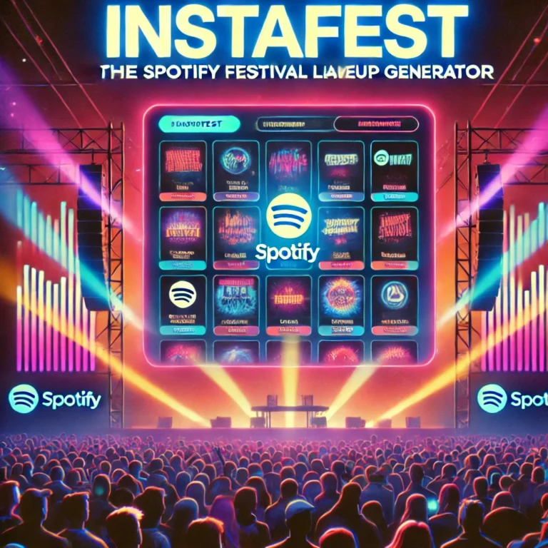 A vibrant festival lineup poster generated by Instafest, featuring top Spotify artists like Taylor Swift, Ed Sheeran, and Billie Eilish, with colorful graphics and a social media storm theme