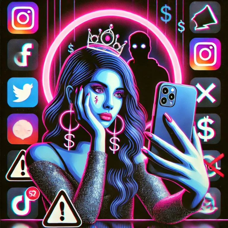 A digital collage depicting a social media influencer taking a selfie with a ring light, while her phone screen reflection shows stress and exhaustion. Floating social media icons with dollar signs and warning symbols surround her, and a shadowy figure in the background represents online criticism and cancel culture. The contrast of neon lights and dark shadows highlights the hidden struggles behind influencer fame.